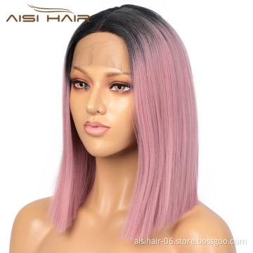 Aisi Hair 14 Inch Short Bob Ombre Pink Dark Root Wig Swiss Lace Wig Cosplay Synthetic Lace Frontal Wigs For Black Women
